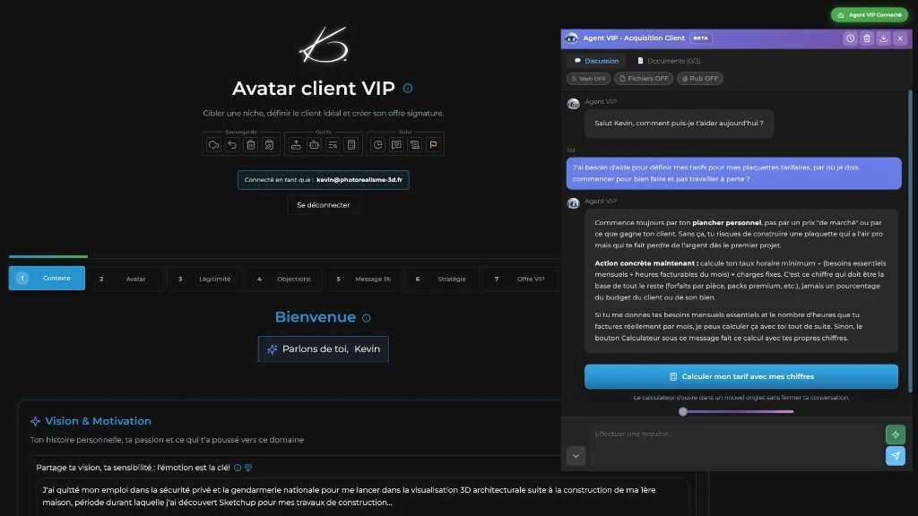 interface avatar vip strategie offre acquisition coaching photorealisme 3d