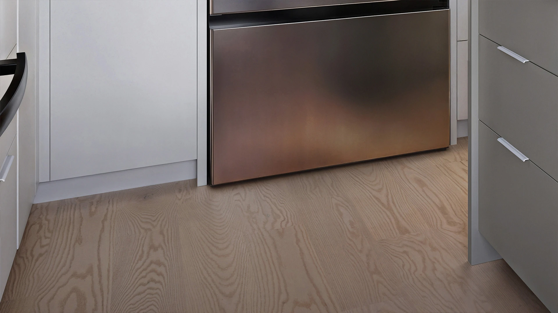rendu 3d architectural photorealiste cuisine detail parquet frigo bronze