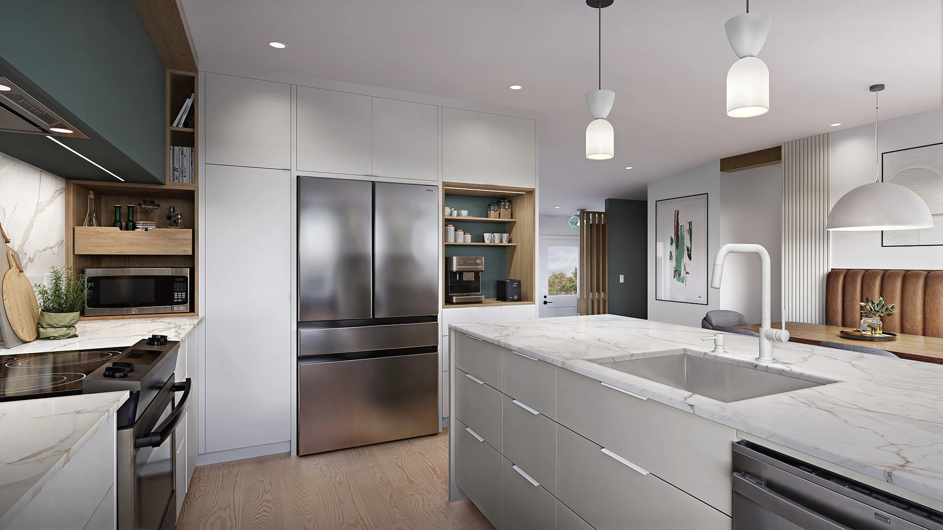 rendu 3d architectural photorealiste cuisine luxe ilot marbre niches bois