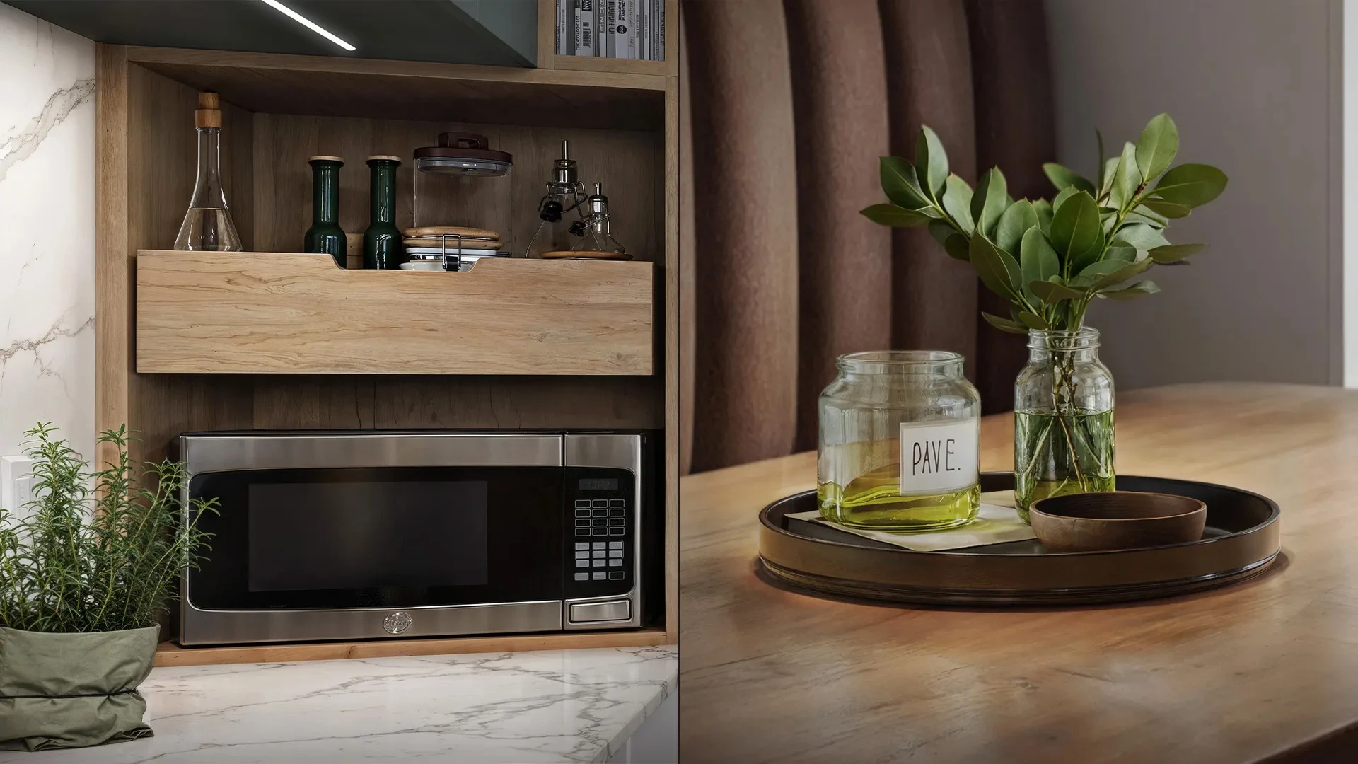 rendu 3d architectural photorealiste details cuisine niches bois marbre