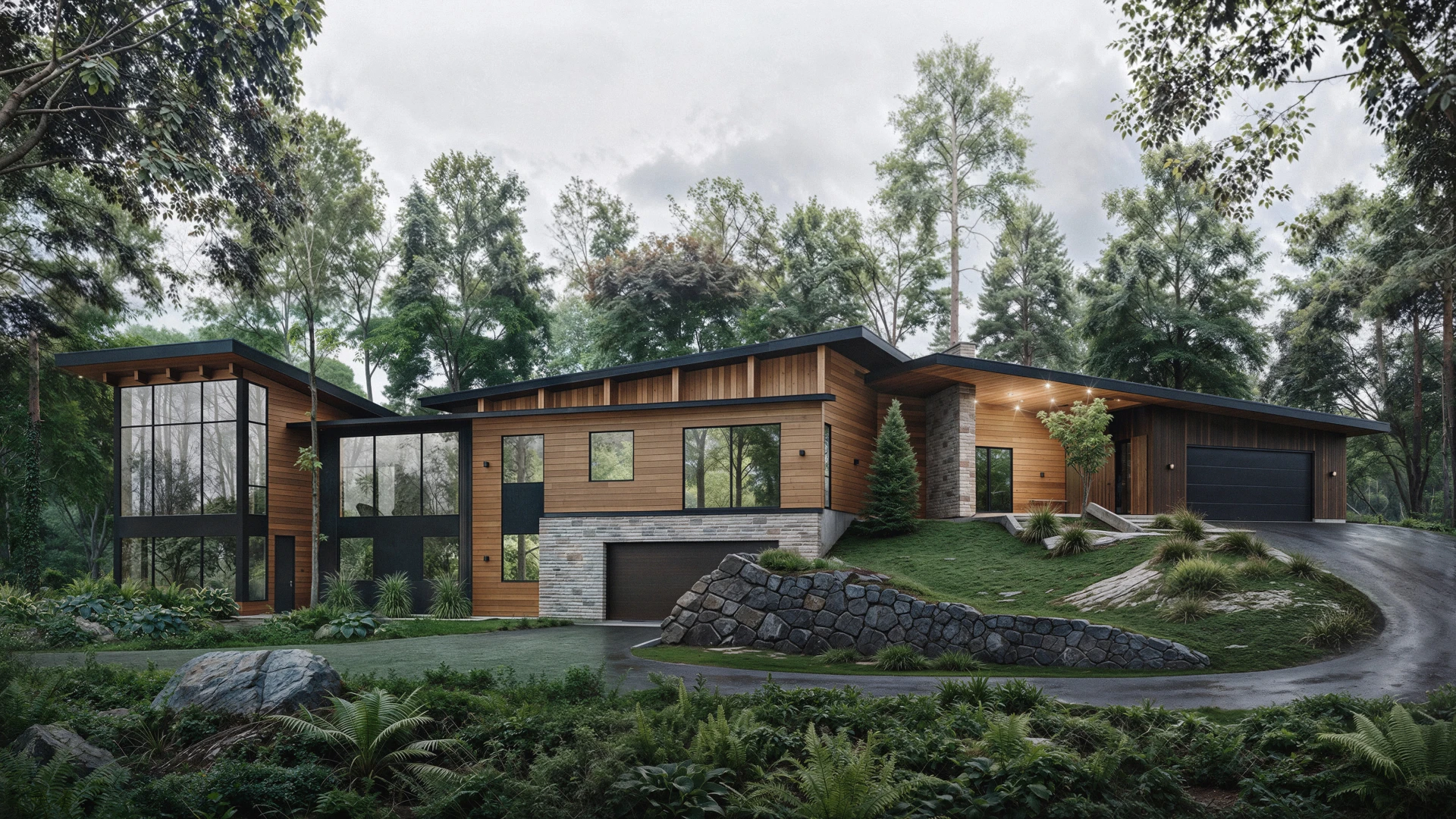 rendu 3d architectural photorealiste maison contemporaine bois pierre foret