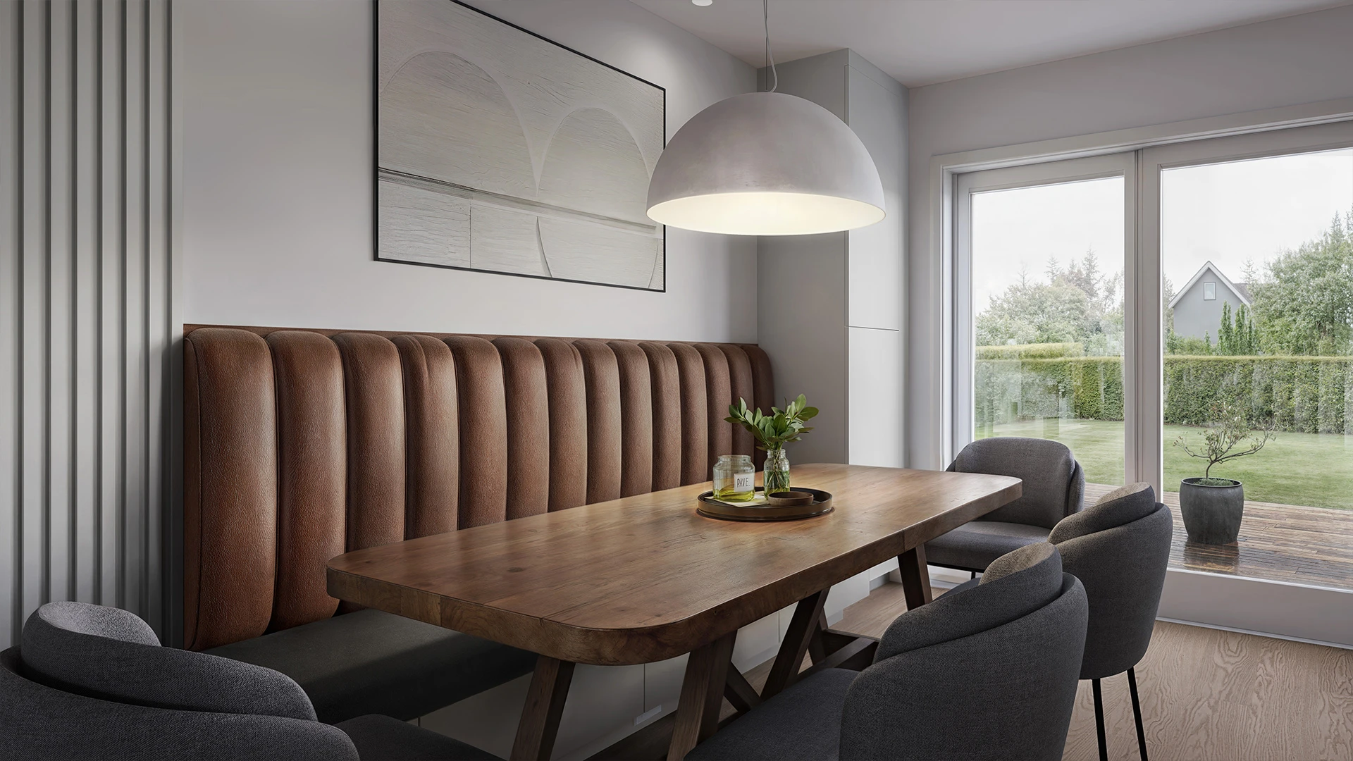 rendu 3d architectural photorealiste salle a manger banquette cuir table bois
