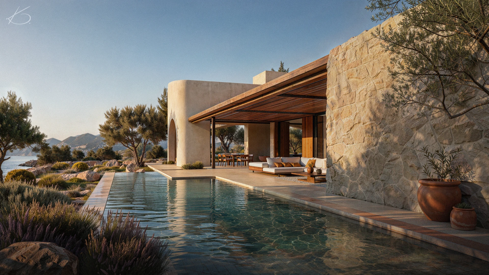 rendu 3d architectural photorealiste villa luxe piscine debordement vue mer